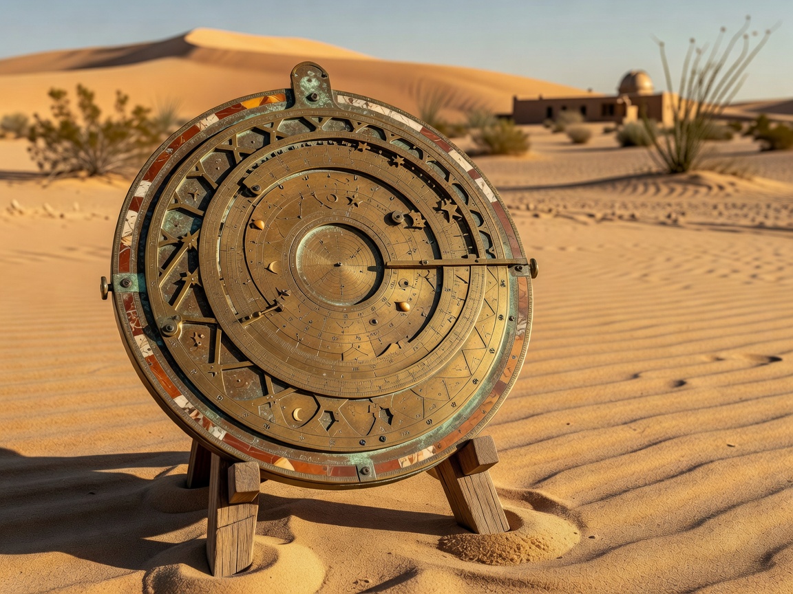 Beautiful detailed shot of astronomical astrolabe tool representing desert science