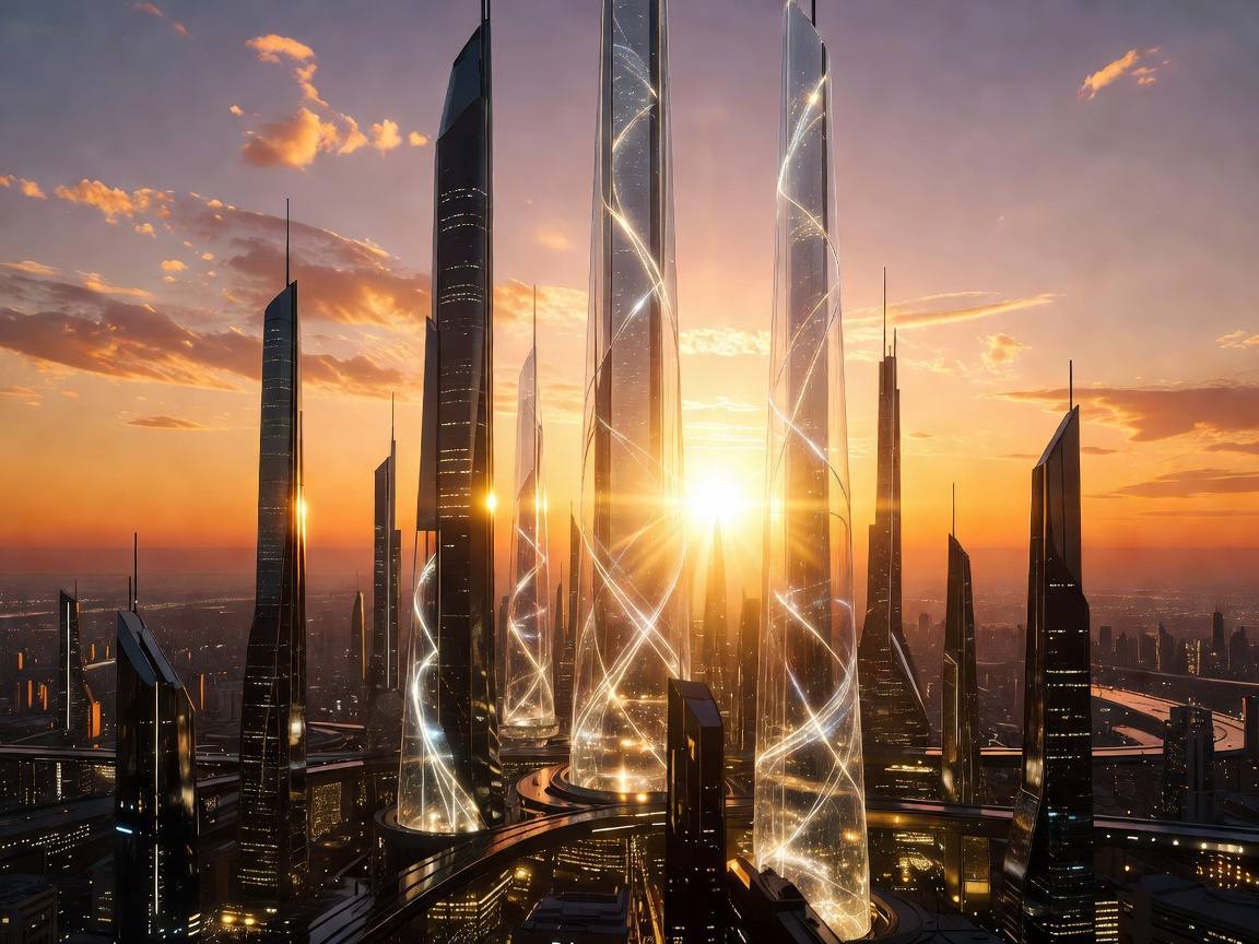 Modern city rendering incorporating ancient gold towers at sunset