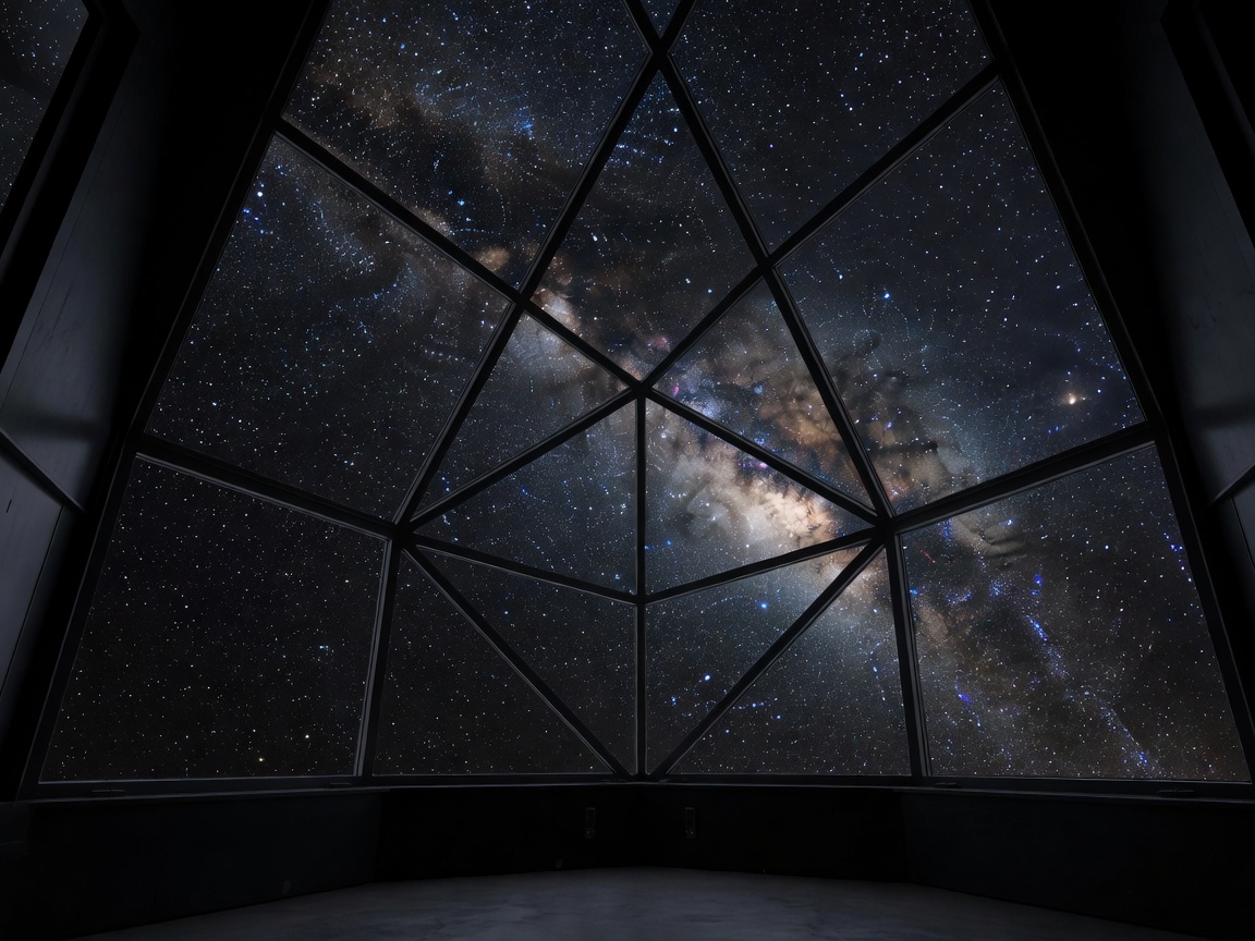 Beautiful night sky view through geometric observatory structure windows