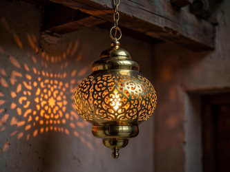 Beautiful polished brass hanging lantern glowing with warm orange patterns