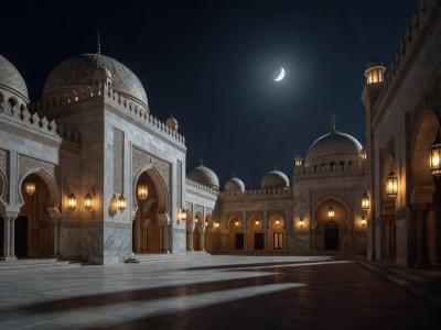 Cinematic Arabian palace under moonlight with glowing lanterns, domes, and royal architecture