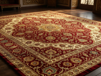 Classic Persian silk carpet with elaborate red and golden royal patterns