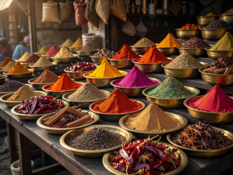 Exotic colorful incense powders and hand-made spices in brass serving plates