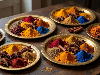 Golden plates containing bright organic pigments and amber spices