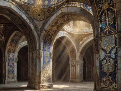Intricate mosaic carvings on marble arch structures inside old temple
