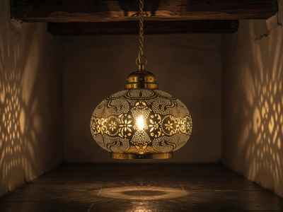 Intricately punched brass hanging lamp giving off golden light