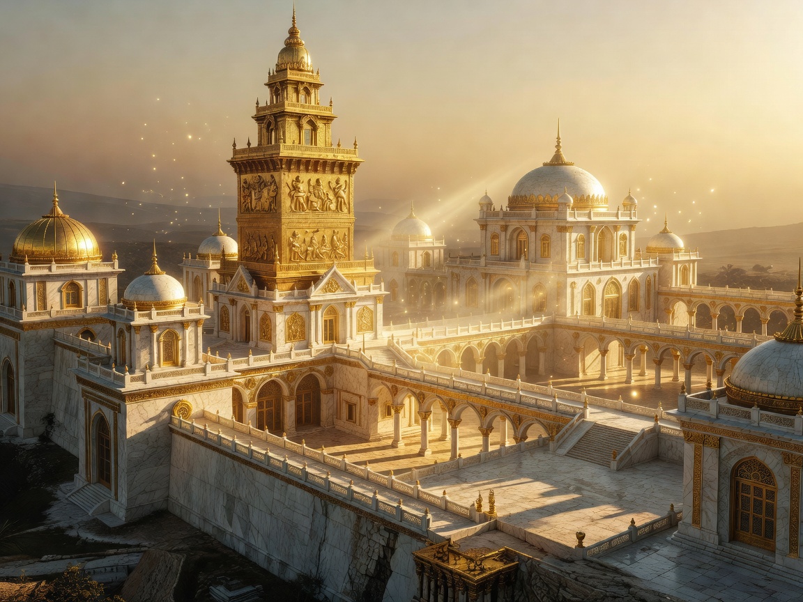Majestic glowing golden palace tower complex illustrating ancient royalty